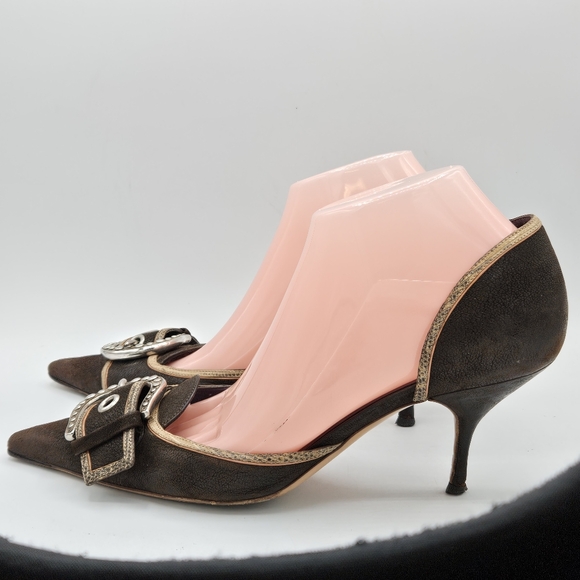 Prada Black & Gold Leather Buckle Pointed Toe High Heels size 39.5 / 9.5 - Picture 14 of 16